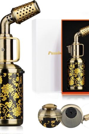 Butane Torch Lighter, Vintage Blow Torch with Continuous Flame Lock and Adjustable Flame, Refillable Windproof Kitchen Torch for BBQ, Baking, Desserts, Creme Brulee, Outdoors (Butane not included)