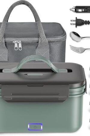Vingud Electric Lunch Box Food Heater, 1.8L Heating Lunch Box for Work/Car/Truck, Heated Lunch Boxes for Adults with 1.8L Stainless Steel Container, 12V 24V 110V (Green + Gray)