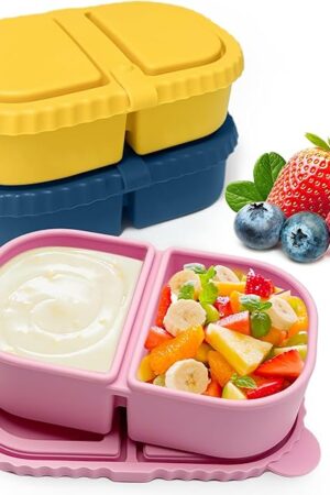 3 Pack Reusable Silicone Snack Containers with Lids, 8.5oz 2 Compartment Snackle Box Containers,Ideal Portable Mini Sauce Box for School, Office and Picnic(Blue, Pink, Yellow)