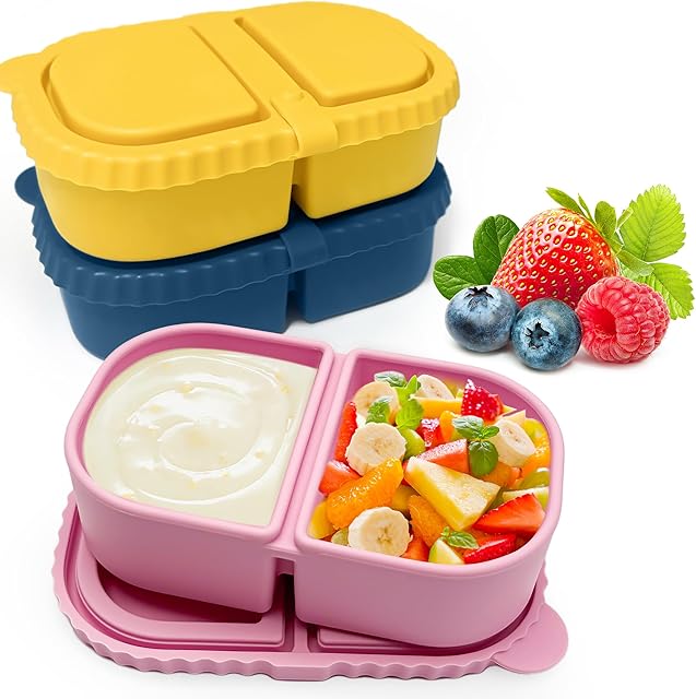 3 Pack Reusable Silicone Snack Containers with Lids, 8.5oz 2 Compartment Snackle Box Containers,Ideal Portable Mini Sauce Box for School, Office and Picnic(Blue, Pink, Yellow)