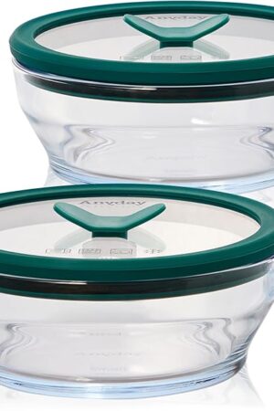 Anyday 2-Pack (2-Cup) Glass Food Storage Set with Glass Lids | Plastic-Free Meal Prep Set | Stackable Airtight Storage Container Set with Vented Lid for Microwave-Safe Reheating