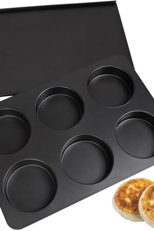 6 Cup Straight Side Jumbo English Muffin Cupcake Pan with Lid Hamburger Burger Bun Egg Sandwich Frittata Cinnamon Roll Focaccia Quiche Pancake Nonstick Baking Tin Tray Mold