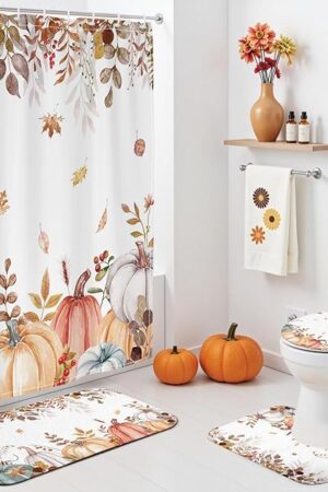4Pcs Fall Shower Curtain Set Autumn Farmhouse Fallen Leaves Pumpkin Shower Curtain Set with Non-Slip Washable Bath Rugs, Toilet Lid Cover for Farmhouse Fall Bathroom Decor Accessory