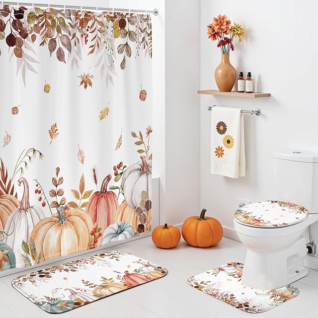 4Pcs Fall Shower Curtain Set Autumn Farmhouse Fallen Leaves Pumpkin Shower Curtain Set with Non-Slip Washable Bath Rugs, Toilet Lid Cover for Farmhouse Fall Bathroom Decor Accessory