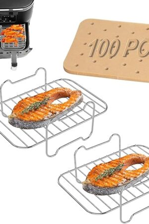 2 Packs Air Fryer Racks with 100pcs Liners for Ninja Foodi DZ401/ DZ201 and Other 8-10 QT Dual AirFryer, Parchment Paper & Stainless Steel Toast Rack for Air Fryer 2 Basket Liners Accessories