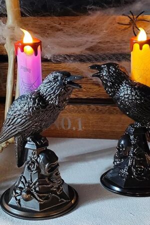 2Pack/Set LED Raven Halloween Flameless Candles, Black Crow Skull Statue Candlestick, Purple and Orange Glowing Light Flickering Candle Holder Halloween Table Lamp Scary Ornaments Home Decorations
