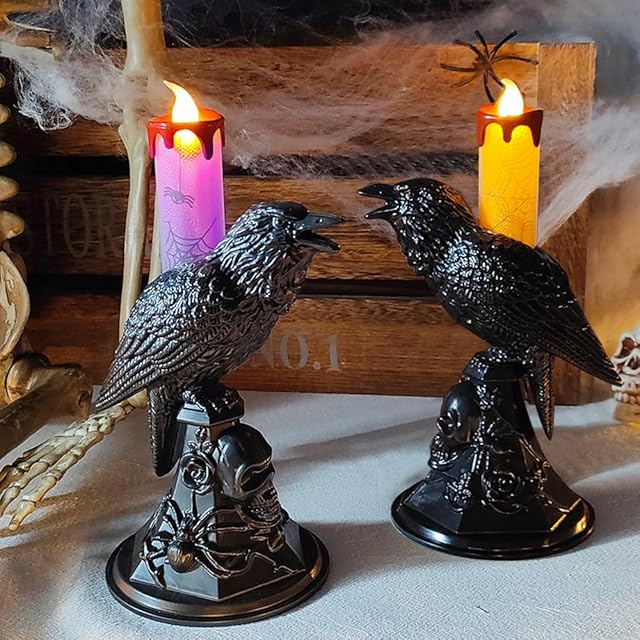 2Pack/Set LED Raven Halloween Flameless Candles, Black Crow Skull Statue Candlestick, Purple and Orange Glowing Light Flickering Candle Holder Halloween Table Lamp Scary Ornaments Home Decorations
