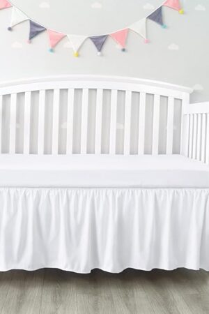 Crib Bed Skirt 28? x 52? with 14? Drop Pleated Dust Ruffle for Baby Boys Girls Elastic Adjustable Fit Toddler Bedskirt Easy On/Off Soft Nursery Standard Crib Bedding Skirts Solid White Crib Skirt