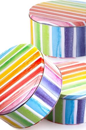 Yopay 3 Pack Cookie Tins, Round Baking Cake Gift Tins for Storing Patisseries, Puff Pastries Craft Supplies, Easter, Special Occasion and Holidays, Rainbow Pattern, 7" W X 3.2" H, Metal