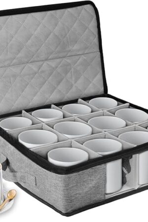 Coffee Cup Storage Organizer, Mug Boxes with Dividers, Stackable & Hard Shell China Mug Boxes with Sturdy Handle, Tea Cup Storage Holds 12 Mug or Glass Cup