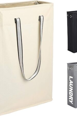 Cloth Clothes Basket, Caroeas 24" Handy Hanging Laundry Baskets Tall & Slim Hamper Collapsible Travel Laundry basket with Breathable Mesh Cover & Soft Handle Laundry Hamper (Beige1)