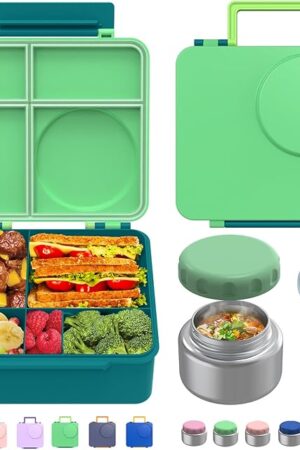 Bento Box for Kids - Leak-Proof Lunch Box with Insulated Thermos Food Jar - 4 Compartments, 1 Removable Divider, 1Spoon, 1 Fork - Dishwasher Safe, BPA-Free (Green)
