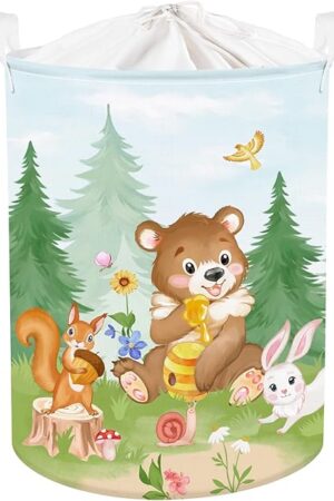 Clastyle 45L Woodland Animal Nursery Hamper Bear Rabbit Dirty Clothes Basket for Bedroom Dorm Pine Tree Kid Toy Bin with Lid, 14.2x17.7 in