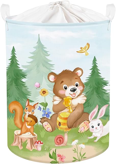 Clastyle 45L Woodland Animal Nursery Hamper Bear Rabbit Dirty Clothes Basket for Bedroom Dorm Pine Tree Kid Toy Bin with Lid, 14.2x17.7 in