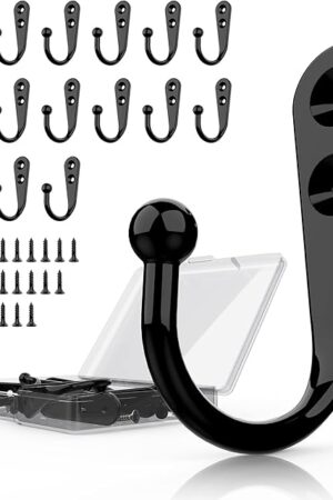 15 Pcs Black Wall Mounted Coat Hooks, Hanger Hook with 30 Pieces Screws for Towel, Key, Robe, Scarf, Bag, Cap, Coffee Cup, Mugs