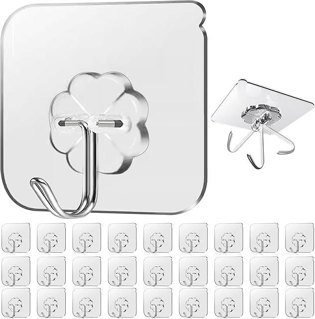 28 Pack Sticky Hooks for Hanging Heavy Duty, Wall Hook Adhesive, Transparent self Adhesive Hooks for Wall, Kitchen, Bathroom & Ceiling