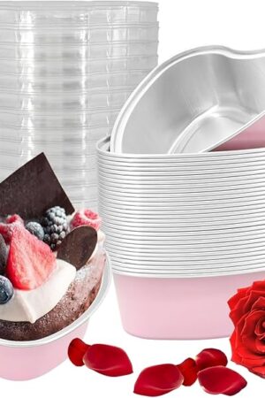 30 Pcs Heart Shaped Cake Pans with Lids, Mini Pink Aluminum Foil Baking Tins 3.4 Oz, Disposable Cupcake Containers for Valentine's Day, Mother's Day, Wedding, Party