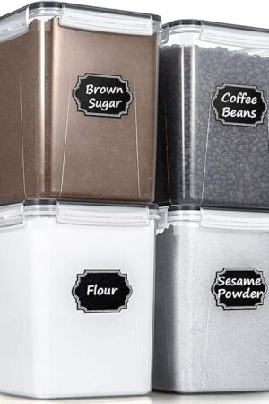 Wildone Large Food Storage Containers 5.2L /175oz, 4 Piece BPA Free Plastic Airtight Food Storage Containers for Flour, Sugar, Baking Supplies, Kitchen & Pantry Containers with 20 Labels