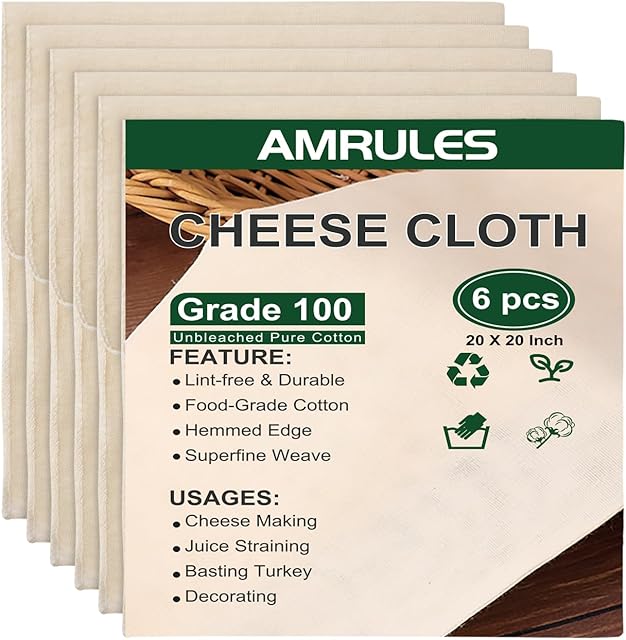 Cheese Cloths for Straining, 6PCS 20x20 Inch Grade 100 Cheese Cloth, Reusable Washable Unbleached Pure Cotton Cheesecloth for Cooking and Cheese Making with Hemmed Edge