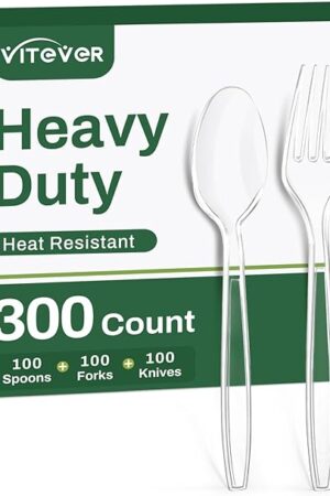 300 Count Heavy Duty Clear Plastic Silverware, Disposable Plastic Utensils Set, 100 Forks, 100 Spoons, 100 Knives, BPA-Free Heat Resistant Durable Plastic Cutlery Set for Party