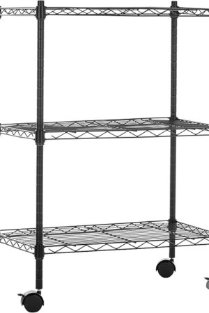 Amazon Basics 3-Shelf Adjustable, Heavy Duty Storage Shelving Unit on 2'' PP Plastic Wheel Casters, Metal Organizer Wire Rack, 23.2" L x 13.4" W x 32.75" H, Black
