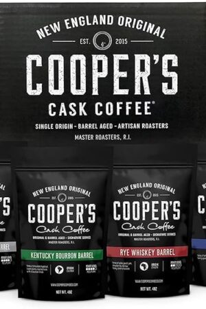 Bourbon & Whiskey Barrel Aged Coffee Box Set - 4-Bag Roasted Coffee Sampler- Bourbon Colombian, Malt Whiskey Sumatra, Rye Whiskey Ethiopian, Rum Barrel Rwanda, (Whole Bean, 4 Ounce (Pack of 4))