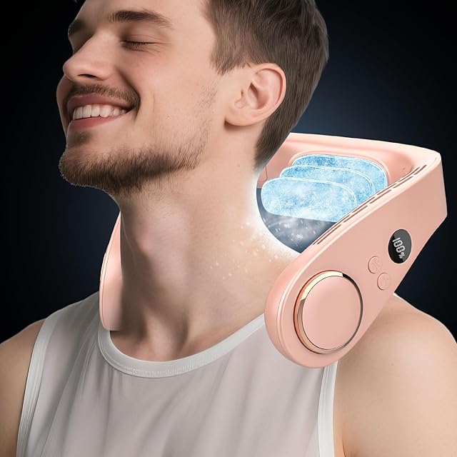 Neck Fans that Blow Cold Air,Neck Air Conditioner Rechargeable Battery Powered Neck Fan,Cordless Leafless Quiet Face Portable Fan for Travel,Best Gifts for Mother's Day Father's Day Birthday Pink