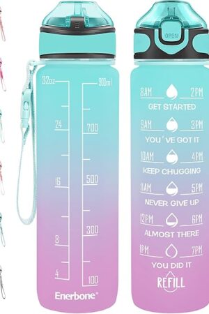 Enerbone 32 oz Drinking Water Bottle with Times to Drink and Straw, Motivational with Carrying Strap, Leakproof BPA & Toxic Free, Ensure You Drink Enough Water for Fitness Gym Outdoor