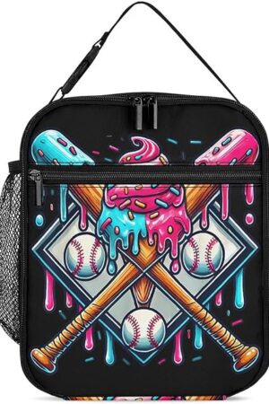 Baseball Home Plate Drip Ice Cream Game Day Lunch Bag Portable Insulated Lunch Box Large Capacity Tote Bag Zipper Net Pocket 10 L X 4 W X 8 H Inches
