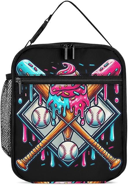 Baseball Home Plate Drip Ice Cream Game Day Lunch Bag Portable Insulated Lunch Box Large Capacity Tote Bag Zipper Net Pocket 10 L X 4 W X 8 H Inches