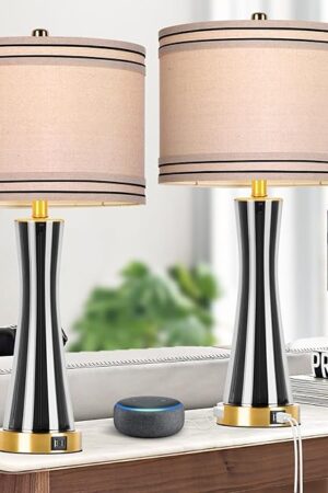 27.4''Table Lamps for Living Room Set of 2，3-Way Dimmable Modern Glass Bedside Lamps with USB Ports，Tall Lamps for Night Stands，Touch End Table Lamps for Bedroom Desk Lamps for Home Office（Grey）