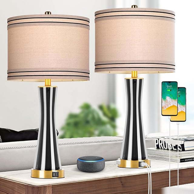 27.4''Table Lamps for Living Room Set of 2,3-Way Dimmable Modern Glass Bedside Lamps with USB Ports,Tall Lamps for Night Stands,Touch End Table Lamps for Bedroom Desk Lamps for Home Office(Grey)