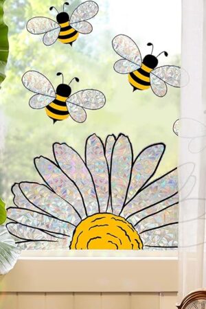 5pcs Spring Summer Bee Sunflower Window Stickers, Double-Side Glass Decals Shiny Rainbow Prism Window Clings for Mirror Glass Display Shop Office School Supplies Reusable
