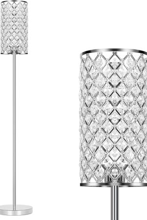 Crystal Floor Lamp, Modern Standing Lamp with Elegant Shade, LED Floor Lamp with On/Off Foot Switch Silver Finish Tall Pole Lamp Accent Lights for Living Room, Girl Bedroom, Dresser, Office (E26 Base)