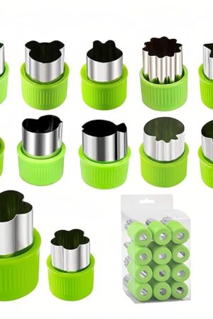 12-Piece Kids Cookie Cutters Set-Stainless Steel&BPA-Free Shapes for Baking (Bear,Rabbit,Star,Flower) DIY Cookies,Mini Pies,Fondant,Veggies|Dishwasher Safe,Gift for Toddlers & Parents (12, Green)