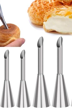 6 PCS Cream Icing Piping Nozzle Tip Stainless Steel Long Cream Puff Piping Tips Cake Decorating Tools Multipurpose Pastry Piping for Small Pastries Puffs Cupcakes Filling Donuts Other Pastries