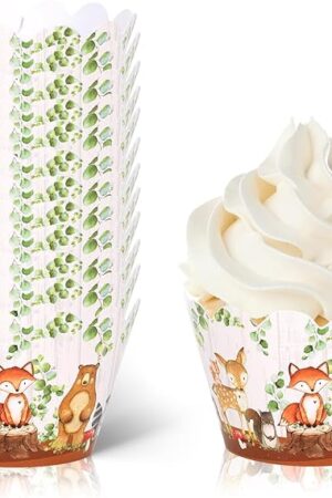 Whaline 36Pcs Woodland Creatures Cupcake Wrappers Forest Animal Cupcake Liners Cute Paper Baking Cup Decorative Cupcake Holders for Birthday Baby Shower Party Cake Decorations