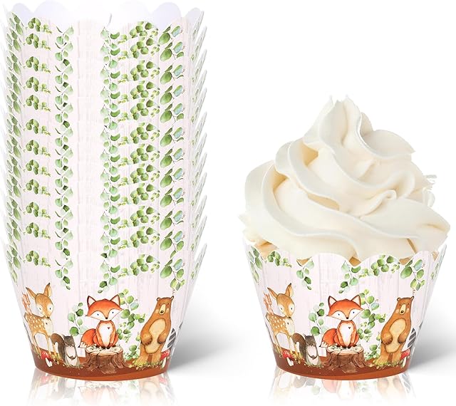Whaline 36Pcs Woodland Creatures Cupcake Wrappers Forest Animal Cupcake Liners Cute Paper Baking Cup Decorative Cupcake Holders for Birthday Baby Shower Party Cake Decorations