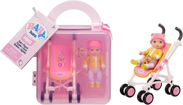 The Baby Born MINIS Playset - Light Skin Tone Doll with Blue Eyes, Stroller & Animal Friend Accessory, Includes Reusable Carrying Case for On-The-Go Playtime