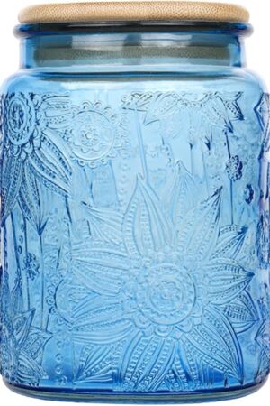 Blue Vintage Glass Candy Jar with Airtight Bamboo Lid, 23.7oz Kitchen Storage Canister for Sugar, Coffee, Tea, Cookies, Bath Salt - Decorative Mason Jar for Pantry & Counter(Blue, 23.7 fl oz)