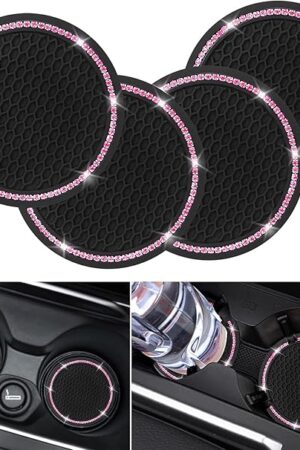 4 Pack Car Coasters, Universal Vehicle Bling Car Coaster, Cute Rhinestone Coaster for Cup Holders,Interior Accessories 2.75'' Silicone Anti Slip Car Coasters for Women (Pink Crystal Circle)