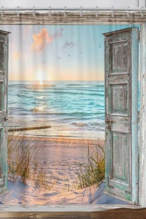 Boho Beach Coastal Shower Curtain, Teal Ocean Sunrise Seaside Seascape Nautical Beachy Shower Curtain Set, Rustic Barn Door Seashore Fabric Shower Curtain for Bathroom 12 Hooks, 72"×72" Turquoise