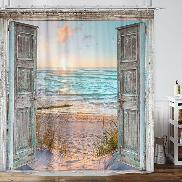 Boho Beach Coastal Shower Curtain, Teal Ocean Sunrise Seaside Seascape Nautical Beachy Shower Curtain Set, Rustic Barn Door Seashore Fabric Shower Curtain for Bathroom 12 Hooks, 72"×72" Turquoise