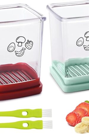 2 Pcs Cup Slicer, Stainless Steel Strawberry Slicer Egg Slicer Banana Slicer Fruit Slicer, Speed Fruit Cutter with Push Plate, Quickly Making Fruit Vegetable Salad, Must Have Kitchen Gadget (Cyan+Red)