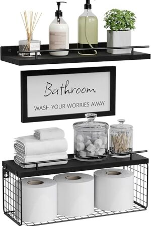 WOPITUES Floating Shelves Bathroom Shelves with Metal Guardrail Wall Decor Sign Black