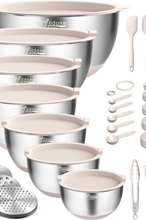 Wildone Mixing Bowls with Airtight Lids, 27 PCS Stainless Steel Nesting Bowls, with 3 Grater Attachments, Scale Mark & Non-Slip Bottom, Size 5, 4, 3, 2, 1.5, 1, 0.63QT, Ideal for Mixing & Prepping