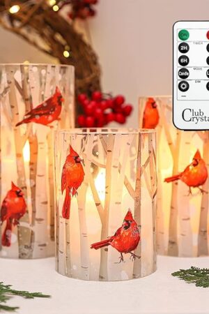 Crystal Club Flameless Candles, Cardinal Theme, (Set of 3) Battery Operated LED Candles with Remote, Real Wax & Glass Effect Candle with Timer for Christmas Home Festival Décor
