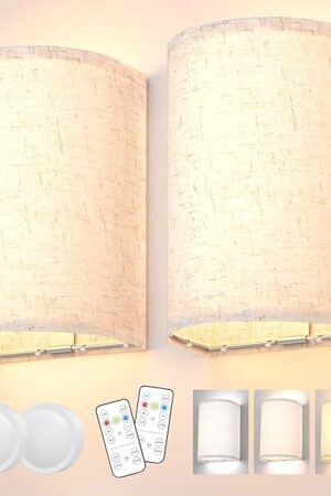 Battery Operated Wall Sconces Set of Two, Rechargeable Wall Lamp with Remote, 3 Colors Dimmable Fabric Wireless Sconces Wall Decor Set of 2 with Timer for Bedroom Living Room