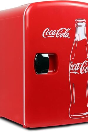 Coca-Cola Classic Coke Bottle 4L Mini Fridge w/ 12V DC and 110V AC Cords, 6 Can Portable Cooler, Personal Travel Refrigerator for Snacks Lunch Drinks Cosmetics, Desk Home Office Dorm, Red