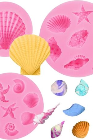3Pcs Marine Theme Cake Fondant Silicone Mold Seashell Conch Starfish Coral Baking Molds, For DIY Candy,Chocolate,Fondant,Polymer Clay,Crafting Projects and Cake Decoration (Shell styles)